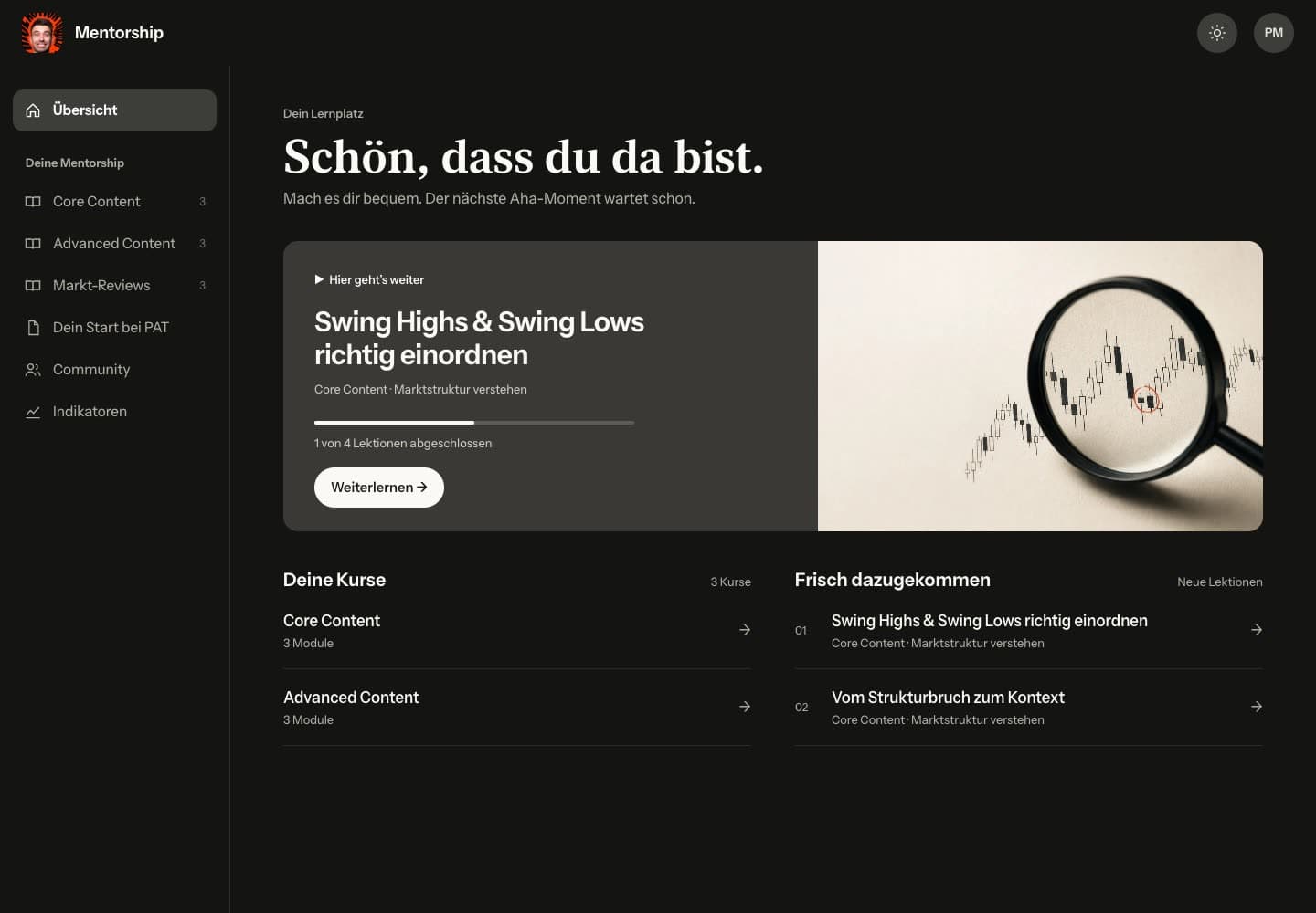 Mitgliederbereich: Startseite mit Weiterlernen-Karte und Kursen (Beispielansicht)