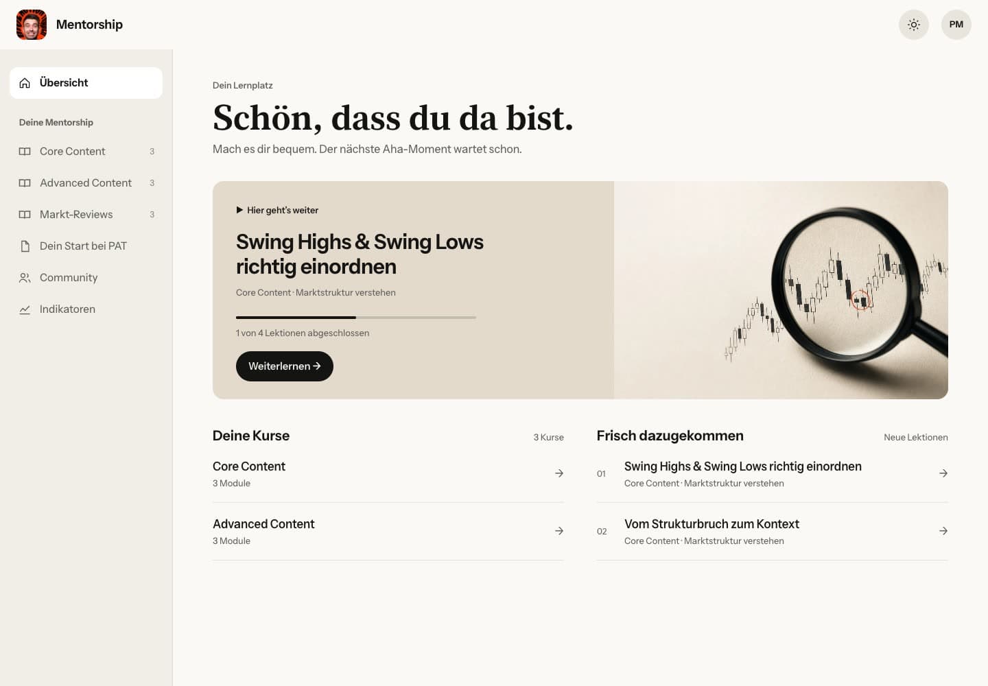 Mitgliederbereich: Startseite mit Weiterlernen-Karte und Kursen (Beispielansicht)
